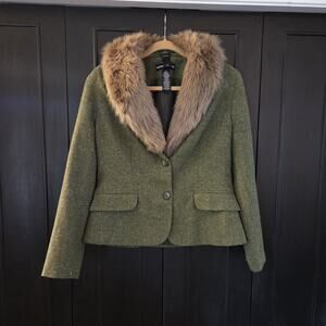 Norton McNaughton Size 10 Olive Green Tweed Faux Fur Collar Jacket Blazer